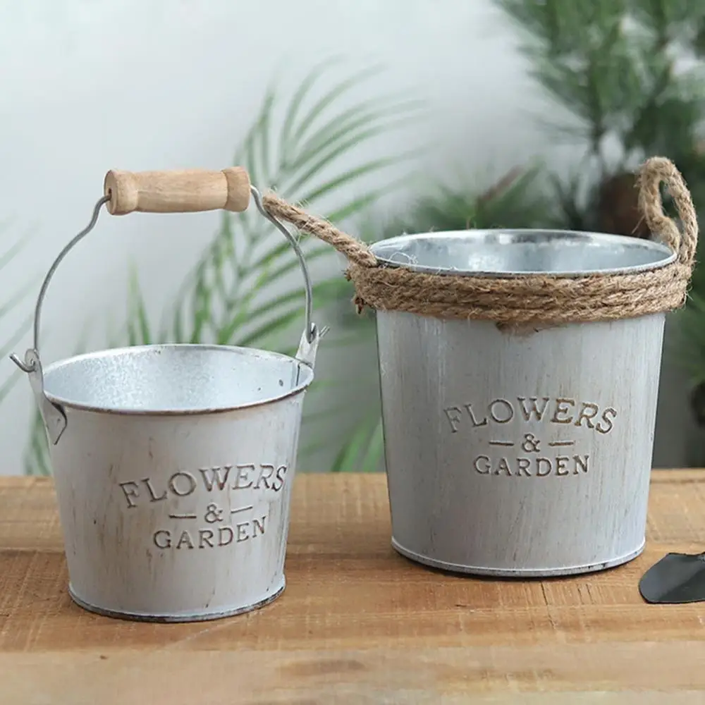 

Vintage Iron Art Rope/Wooden Handle Plant Flower Pot Bucket Storage Container