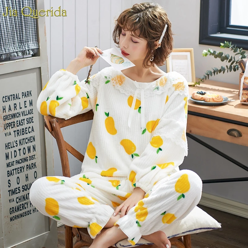 Женские Фланелевые пижамы с рукавами-фонариками и бантом на воротнике принтом