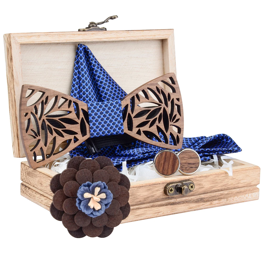 Полый резной деревянный бабочка Карманный платок в стиле Пейсли набор темно