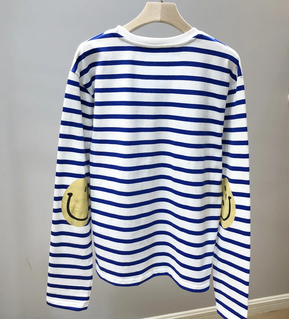 

New Fall Spring Basic Design Women Loose Casual Tops Long Sleeve Blue White Striped Smile Face Printing Quality Cotton T-shirts