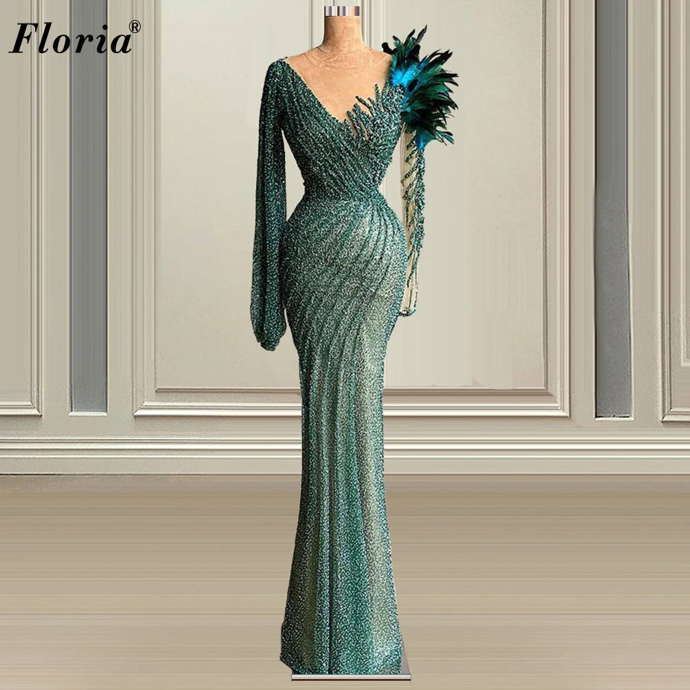 

2021 Vintage Green Evening Dresses Long Sleeves Feather Evening Gowns Muslim Celebrity Dresses Turkish Couture Vestidos Formales