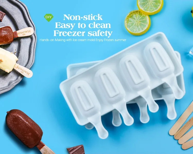 

4 Cell Big Size Silicone Ice Cream Mold Popsicle Molds DIY Homemade Dessert Freezer Fruit Juice Ice Pop Maker Mould with Sticks