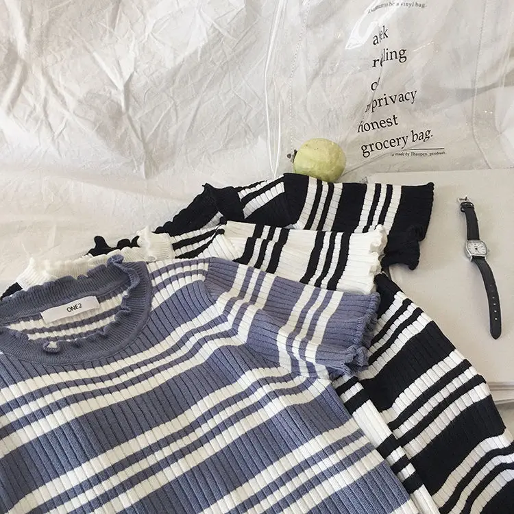

Women's T-shirt short sleeve spring and summer stripe ice silk sweater new student slim Korean base coat short top