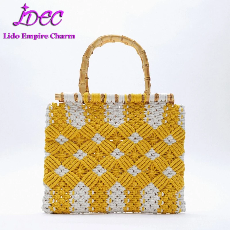 

Cotton Rope Woven Bag Flower Bag Small Fresh ZA New Handbag Bamboo Handle Blue Handbag Shopping Bag