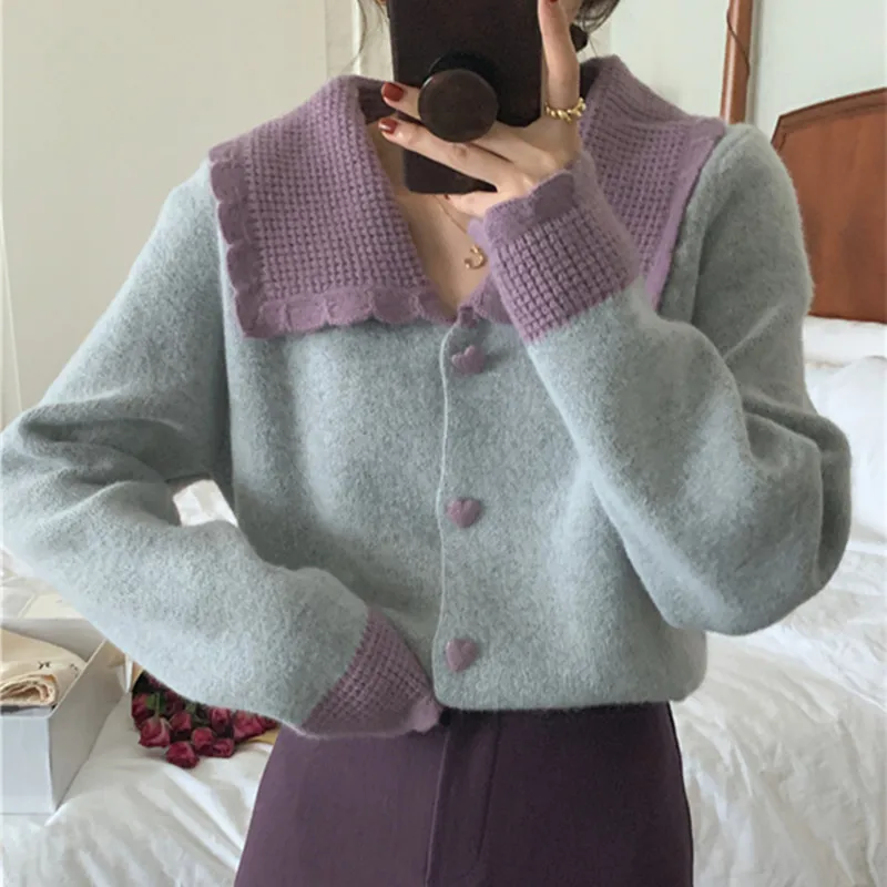 

Women Sweater Cardigan Jacket 2022 New Sweet Korean Style Stitching Color Lapel Knitted Sweaters Loose Jumper Femme