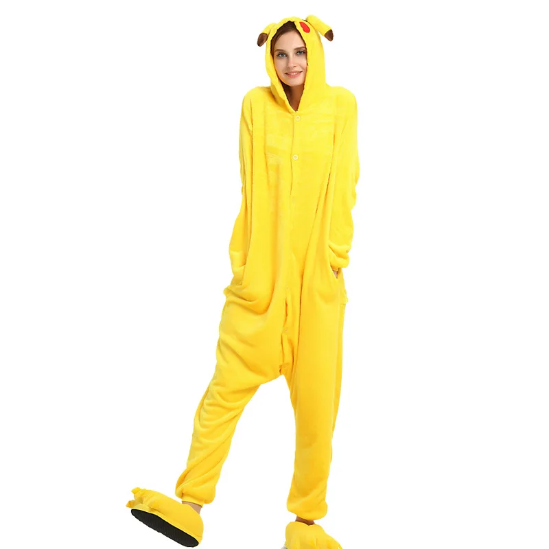 Kigurumi Yellow Cartoon Pajama Adult Animal Onesie Women Men Couple Anime Winter Pajamas Suit Sleepwear Flannel Pijamas