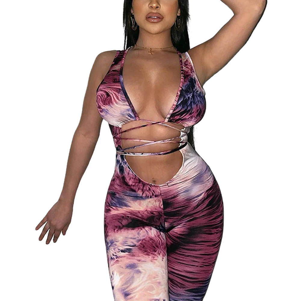 

Bandage Tie Dye Hollow Out Rompers Womens Jumpsuit Fitness Sleeveless Push Up Bodycon Party Jumpsuits V Neck Sexy Overalls