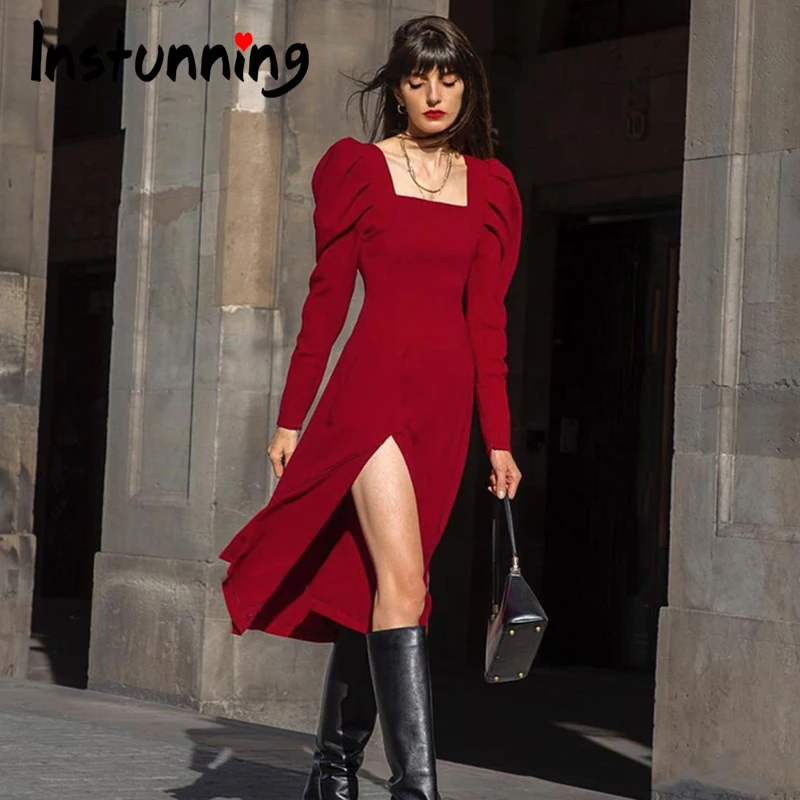 

Instunning Women Puff Sleeve Splitted Midi Dresses Casual Autumn 2021 Square Collar Vintage Elegant Streetwear Club Party Dress