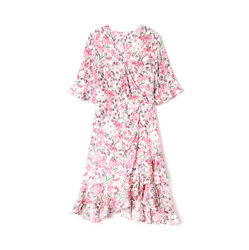 

Pink Flower Printing Sweet Silk Summer Lady Dress Women Flare Sleeve Short A-Line Skirt French Fresh Style Lovely Unique Skirts