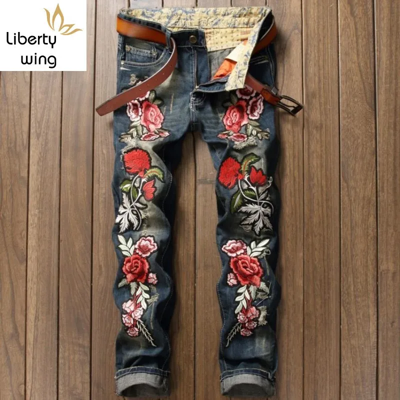 Джинсы мужские прямые с цветочным принтом модные облегающие повседневные штаны