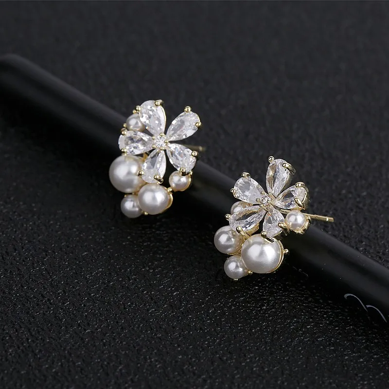MIGGA корейский стиль имитация жемчуга кубический циркон цветок серьги золотистого цвета женские шпильки ювелирные изделия