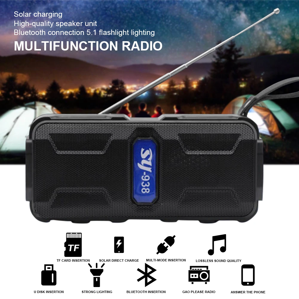 

Portable Column Speaker Wireless Bluetooth-compatible Stereo Music Box Solar Power Bank Boombox waterproof USB TF radio