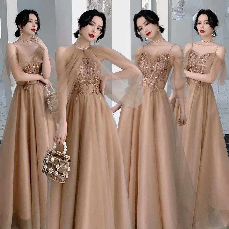 

Bridesmaids Dresses Illusion Off The Shoulder A-Line V-Neck Embroidery Sequined Tulle Floor-Length Women Wedding Party Gown E375