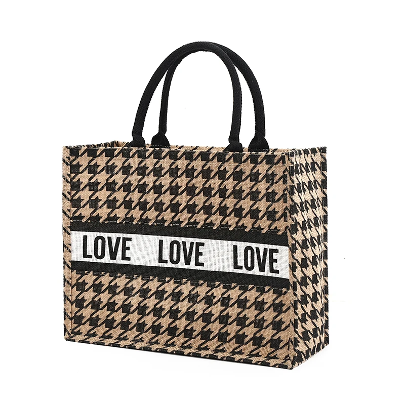 

Women Summer Luxury Jute Handbags for Beach Vintage Swallow Gird Printing Shoulder Bags Daily Use Female Leopard Shopping Tote