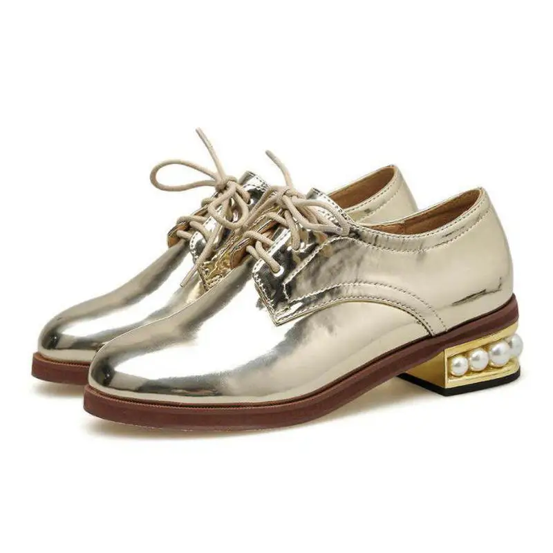 gold Gold Silver Women Shoes Vintage British Wind Round Head Lace-up Pearl Thick Heel Patent Leather Women's Single Shoes - Цвет: gold