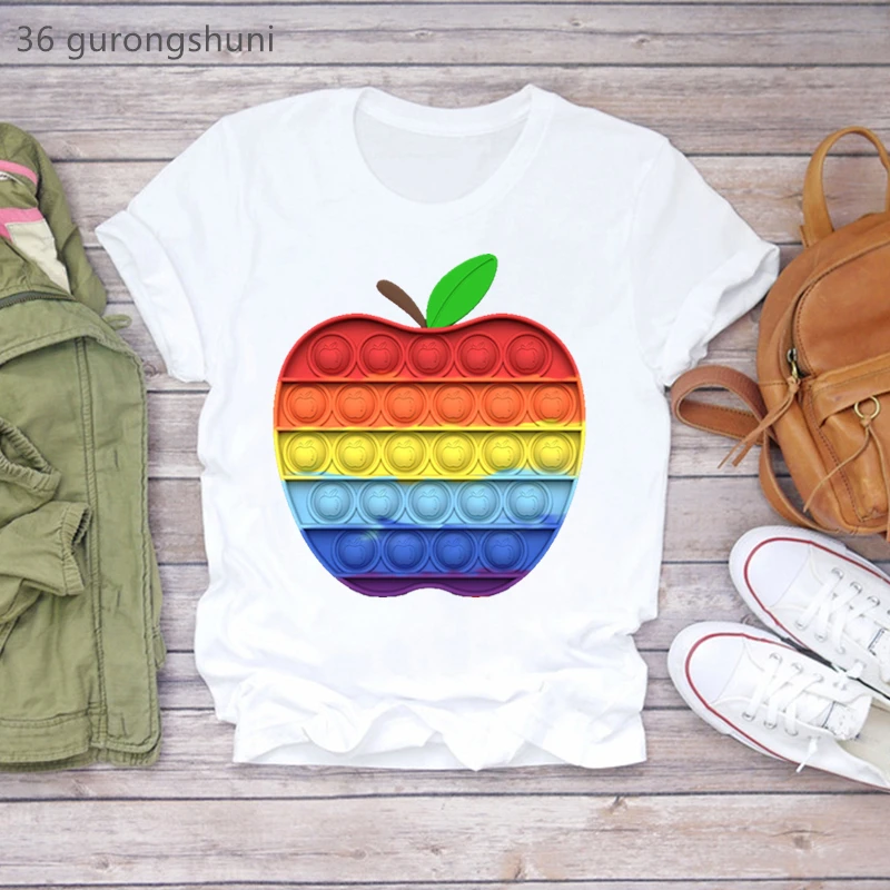 

New Kawaii Rainbow Apple T Shirt Fidget Toys поп ит Pop It Print T-Shrit Women Clothes Short Sleeve T-Shirts 90s Top