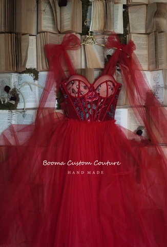 Booma Red Sweetheart Tulle Prom Dresses Bow Straps Appliques Bustier A-Line Formal Evening Gowns Lace Up Wedding Party Dresses