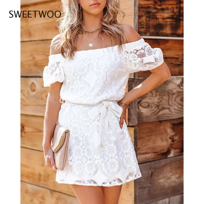 

2021 Summer Dress Women's Solid Color Solid Color Sexy Embroidered Lace Short-Sleeved One-Word Collar Dress Vestidos