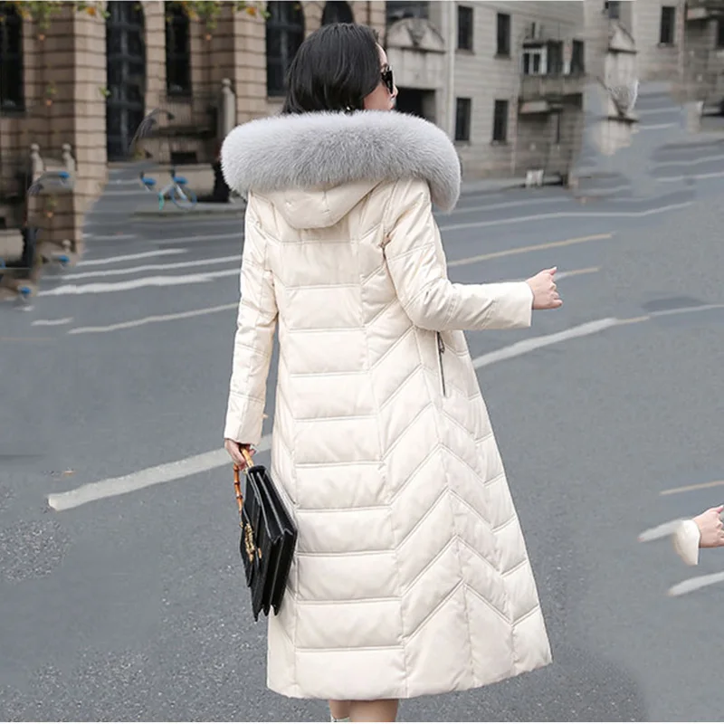 M-7XL Women Leather Down Coat Winter 2022 Fashion Hooded Real Fox Fur Collar Slim Sheepskin Leather White Duck Down Overcoat
