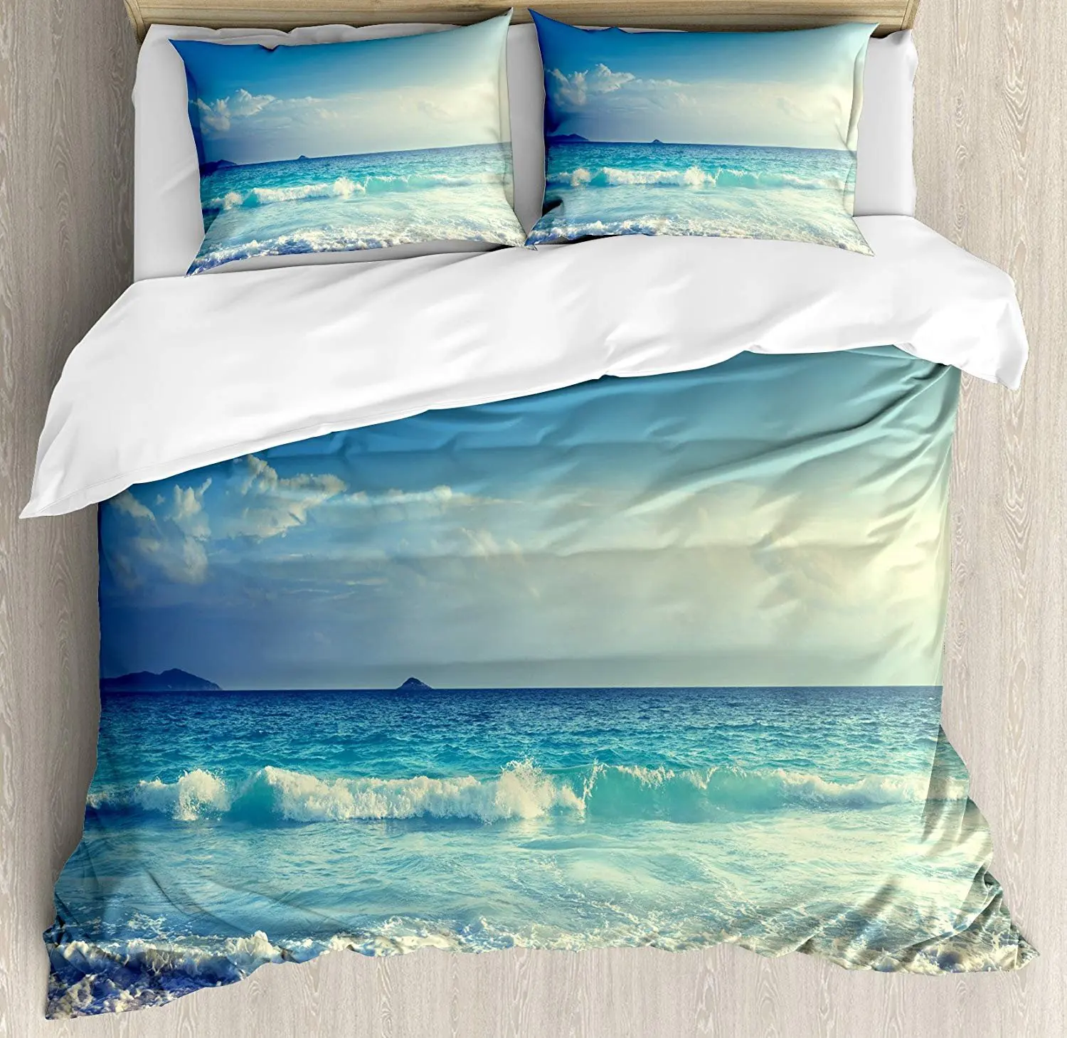 

Ocean Bedding Set Tropical Island Paradise Beach at Sunset Time Waves the Misty Sea Duvet Cover Pillowcase Bedclothes Bed Set