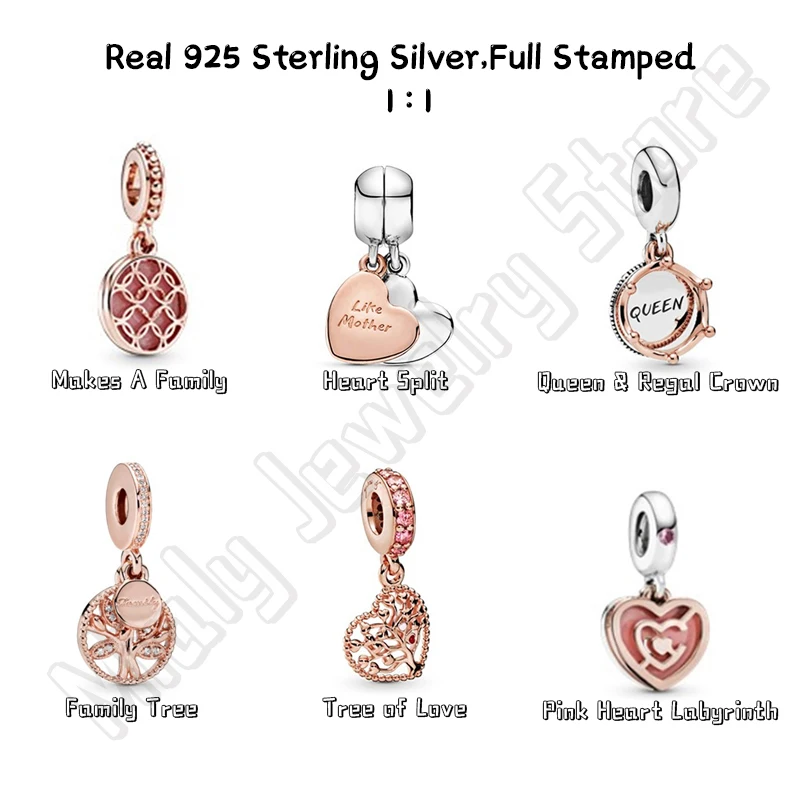 

Real 925 Silver Bracelets Heart Split Beads Crown Charms Fits Original Bangles Necklaces Girls Female Fashion DIY Jewelry