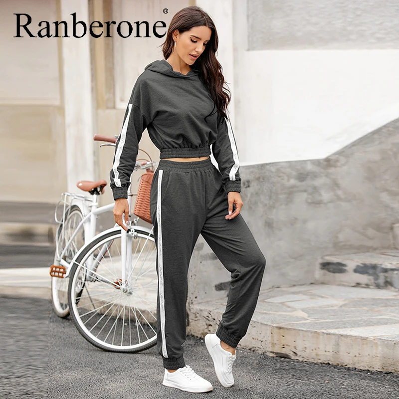 Ranberone Sport Suit Female Hooded Two Piece Set Crop Top And Pants Tracksuit Women Patchwork Suit Jogging Sport Matching Sets
