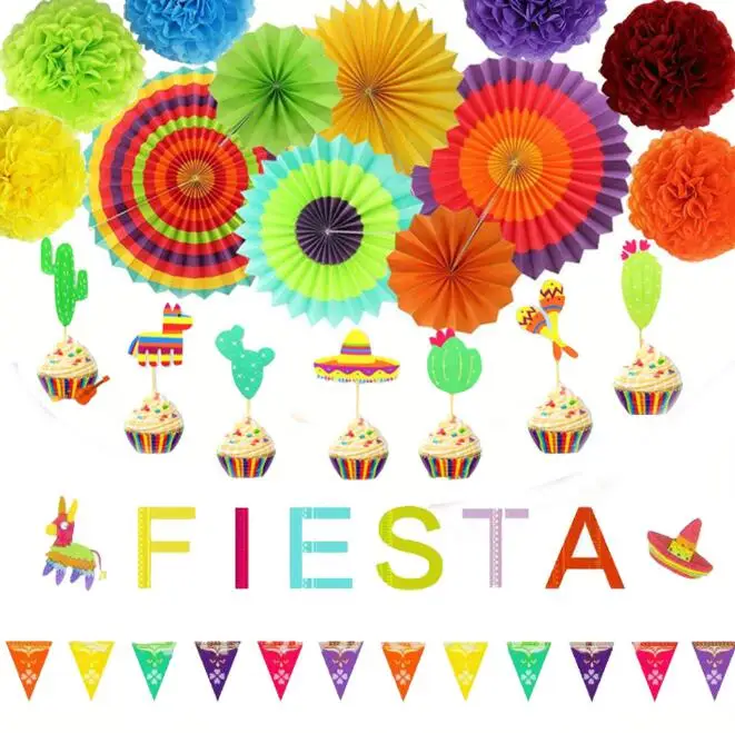 

Fiesta Theme Summer Party Birthday Holiday Ins Decr Set Paper Fan Banner Cake Flag Flower Ball Hawaii Carnival Fashion Supplies