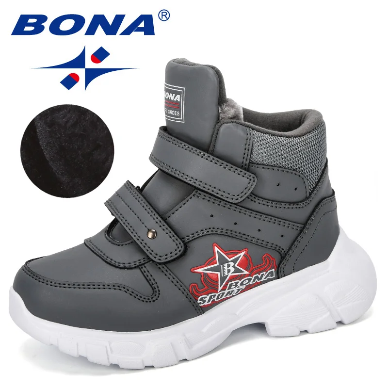 Dark grey BONA новые дизайнерские детские ботинки для снежной погоды, детская спортивная обувь для мальчиков, Сникеры, модная застежка «липучка» детские теплые ботинки с высокими берцами; удобные - Цвет: Dark grey