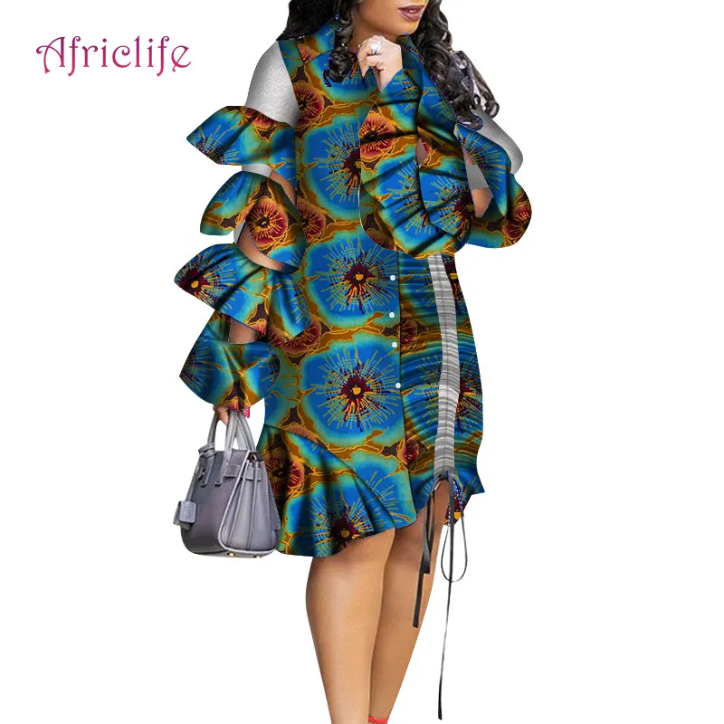 Платья для африканских женщин, рукав с рюшами, длина до колена, рубашка, традиционная одежда Bazin Riche, принт размера плюс, одежда WY4374