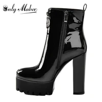 onlymaker patent leather ankle boots platform thick high heel zipper for women plus size us5us15 for ladies black booties
