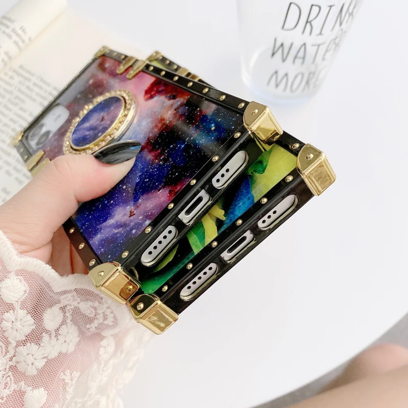 

Luxury Glitter Dream Starry Sky Square Case For Samsung S21UITRA Rose Flower Case S30 Pro S20 S8 S10 S11 Ring Holder Soft Cover