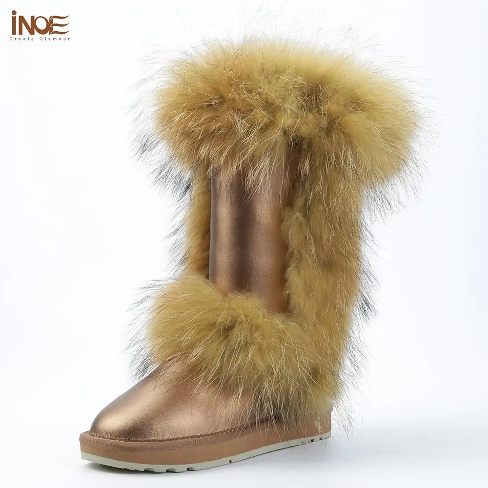 

INOE Fashion Knee High Fox Fur Winter Boots for Women Snow Boots Keep Warm Shoes Cow Split Leather Waterproof Gold Black Brown