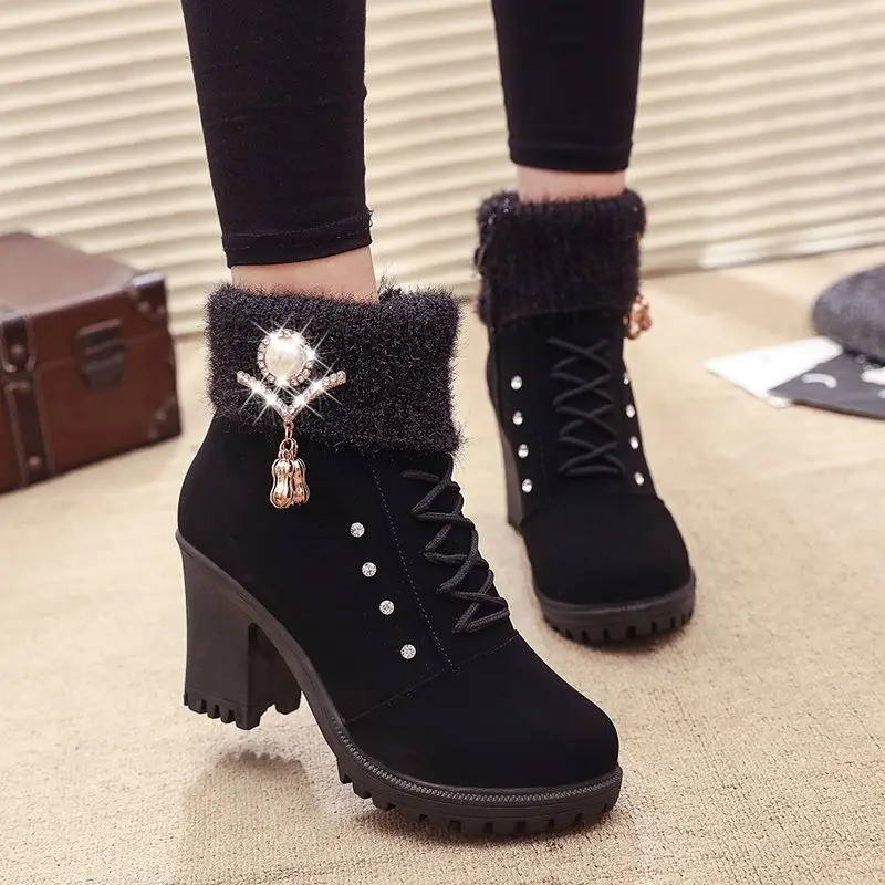 Ботильоны Женские теплые плюшевые зимние ботинки Зимние со шнуровкой Модные