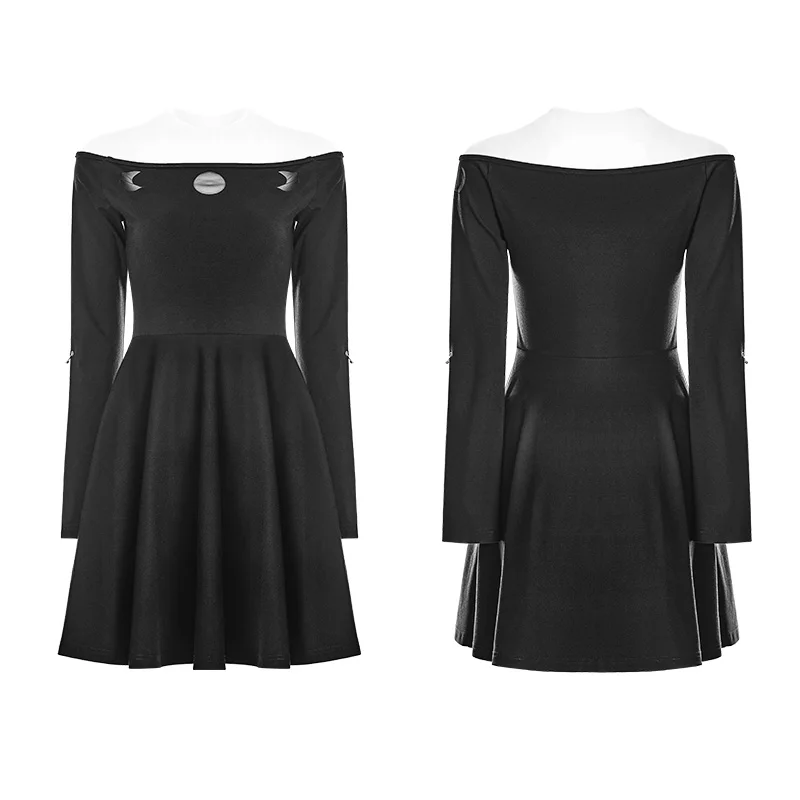 PUNK RAVE New Gothic Women's Black Off-shoulders Long Slit Flared Sleeves Bardot Mini Dress Fashion Party Sexy A-Line Women | Женская