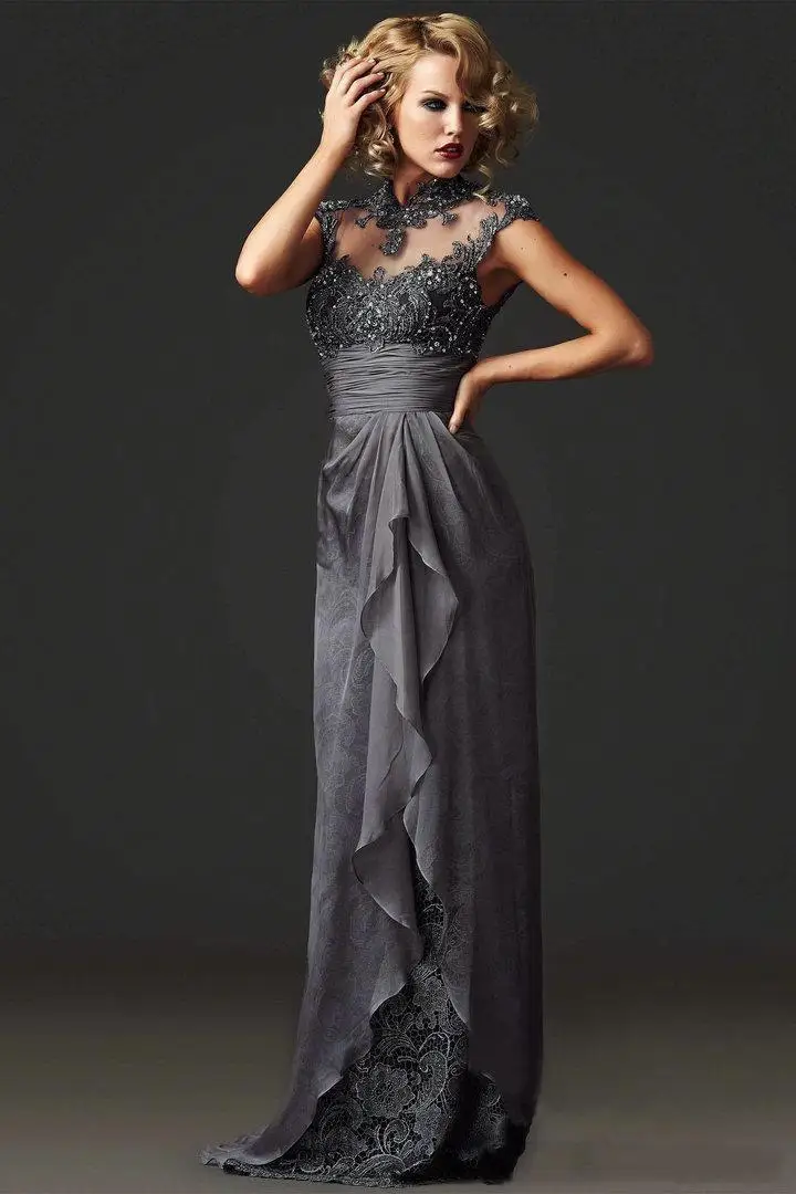 Женское вечернее платье с открытой спиной длинное кружевное высоким вырезом