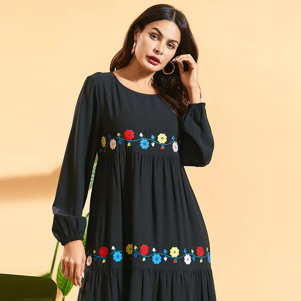 Женское Макси Платье с цветочной вышивкой Siskakia черное свободное плиссированное