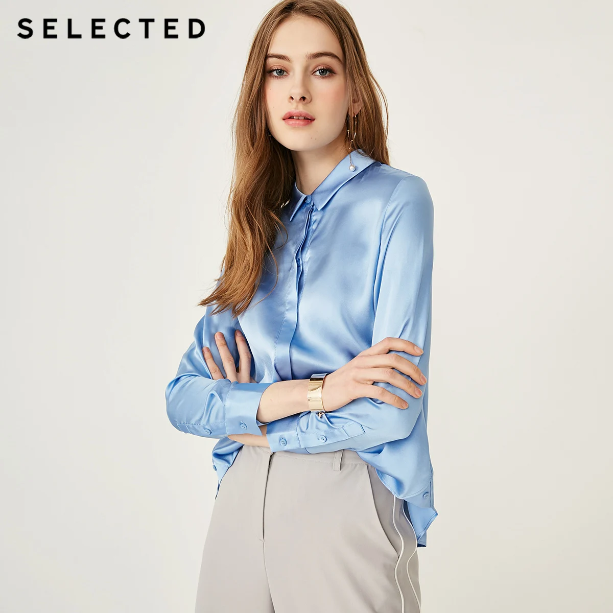 Женская рубашка с длинными рукавами из шелка тутового цвета синего S | 419205512