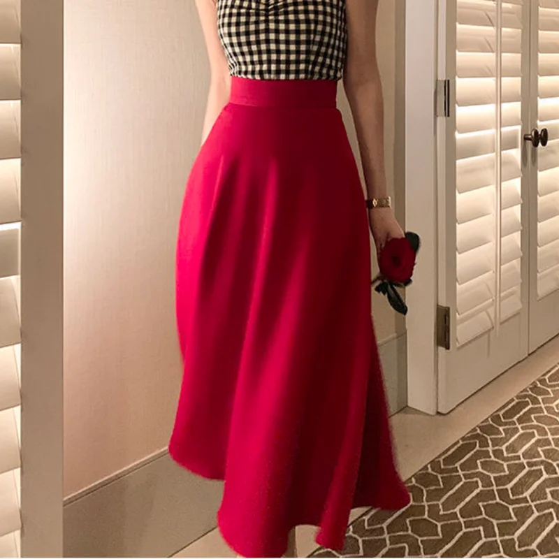 

Женская винтажная дизайнерская юбка, элегантная трапециевидная однотонная Праздничная романтичная французская юбка средней длины с завыш...
