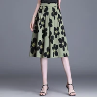 women fashion high waist print knee length pleated skirts 2021 summer female elegant loose casual floral skirt