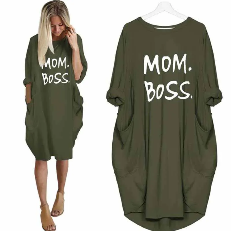 Женская футболка с открытыми плечами и карманами надписью Mom Boss Пляжное платье