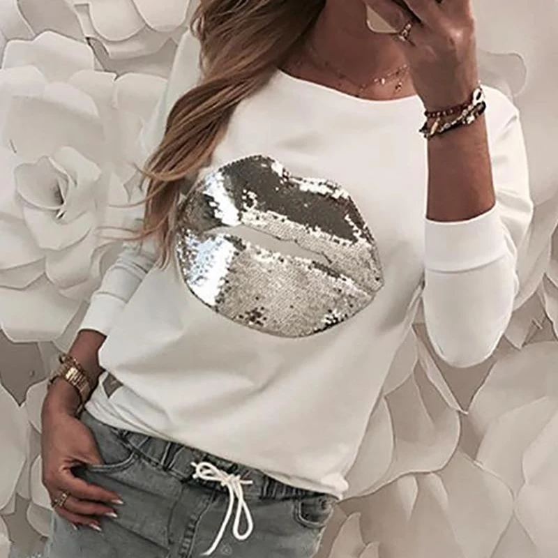 Women Sequins Lips Print Fashionable Sweatshirt Autumn Leopard Long Sleeve Beading Hoodie Lady O-neck Kawaii Sweatshirt Hoodies