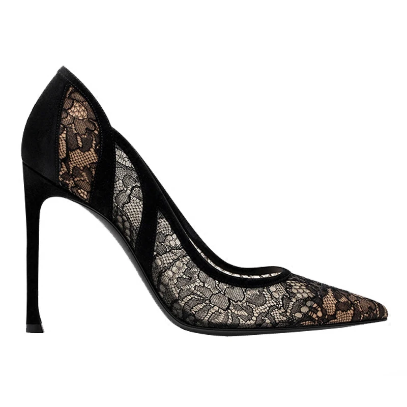 

2020New light black lace hollowed out wedding shoes bridesmaids shoes leather tip thin heel women's single shoes and high heels
