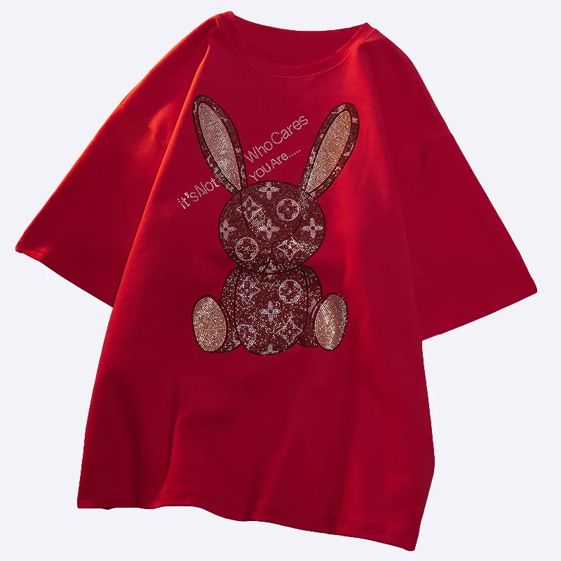 

Cartoon rabbit hot drilling large version short-sleeved cotton T-shirt spring and summer new loose bottoming shirt women