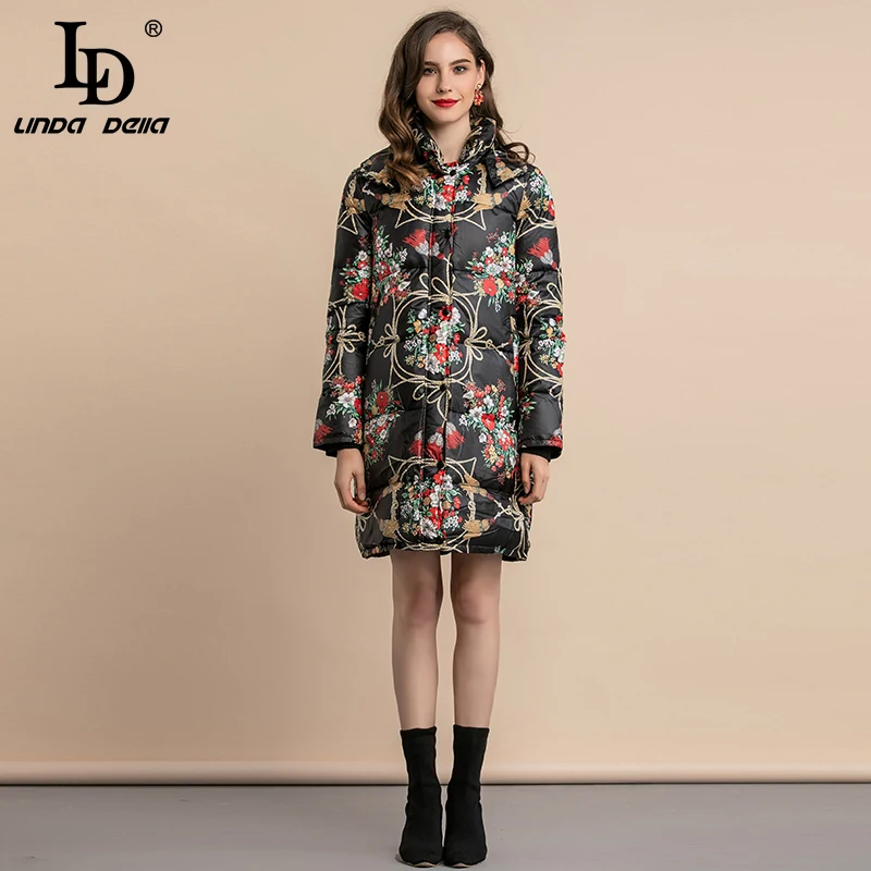 Многоцветный LD LINDA Делла, зимняя теплая утолщенная куртка-пуховик на белом утином пуху, винтажное длинное женское пальто с цветочным принтом, пальто с капюшоном, верхняя одежда - Цвет: Многоцветный