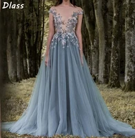 2020 prom dresses 3d floral appliques short sleeve lace dress evening wear sheer neck flower vintage long formal party gowns