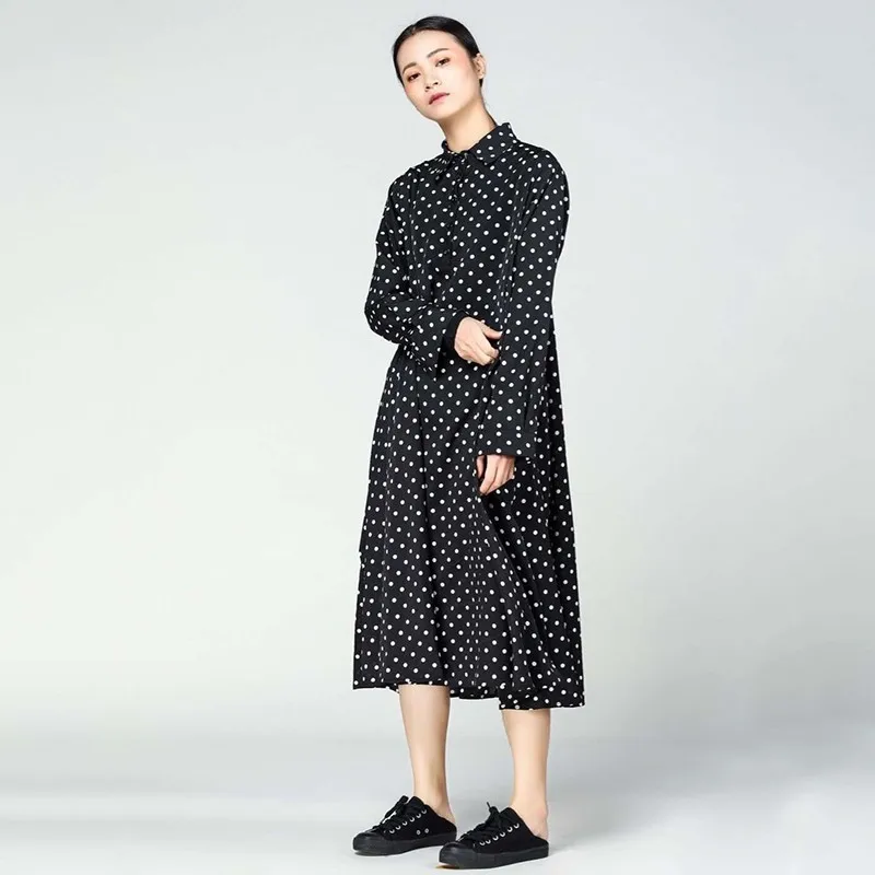 Платья CHICEVER в горошек для женщин черное платье средней длины с длинным рукавом и