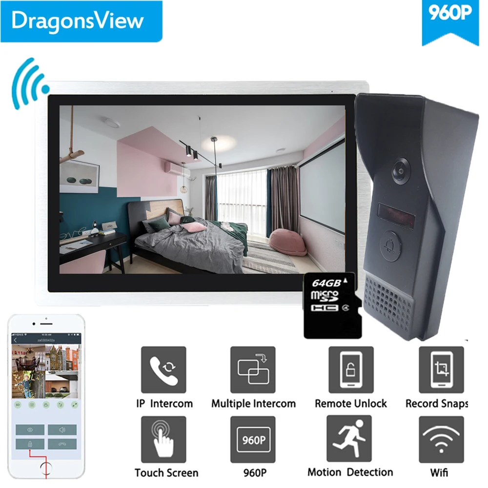 Беспроводная система видеодомофона Dragonsview с Wi Fi 10 дюймовая IP камера дверного