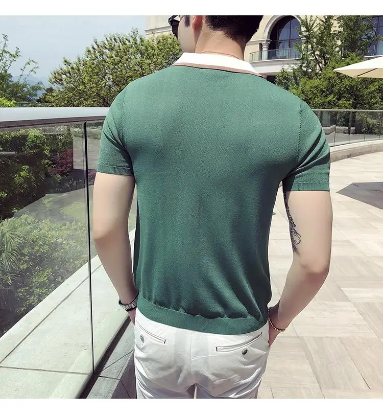 

Contrast Knit Stripe Polo Shirt British Men Fashion Short Sleeve Polo Polo Polo Hombre Black Green