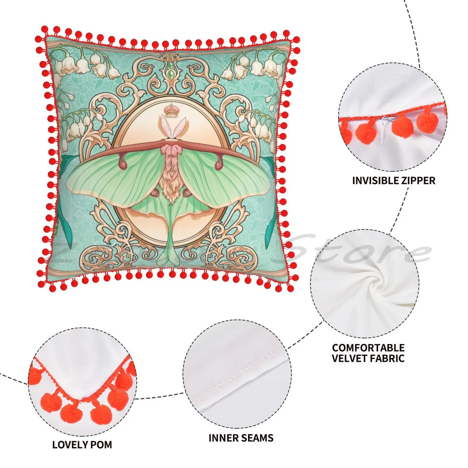 Наволочка Moon Moth с надписью хлопковая льняная наволочка помпоном Лунная лунная