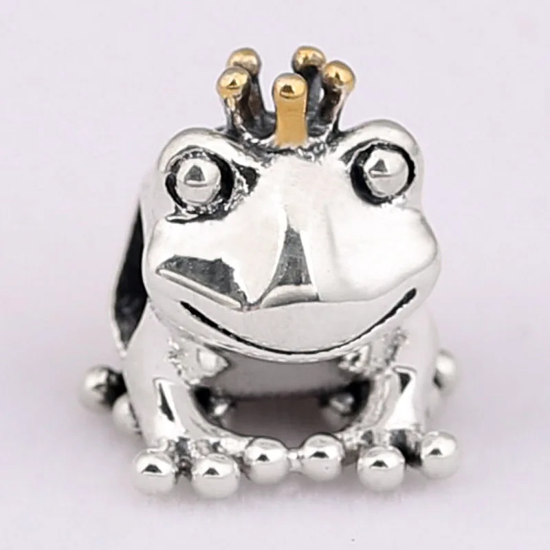 

New 925 Sterling Silver Animal Charm Cute Frog Prince With Gold Crown Bead Fit Original Bracelet Necklace DIY Jewelry